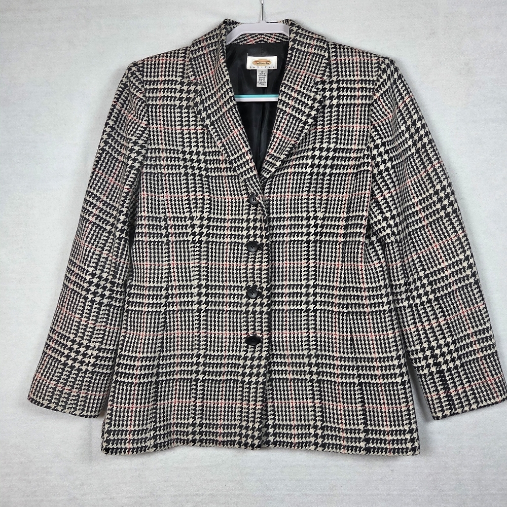 Talbots Blazer Jacket Womens Size 10 Tweed Black White Red Button Wool Lined
